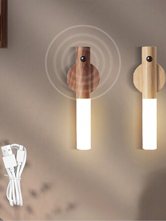 1入組感應夜燈，感應夜燈，智能人體感應夜燈，USB可充電智能夜燈（木質）