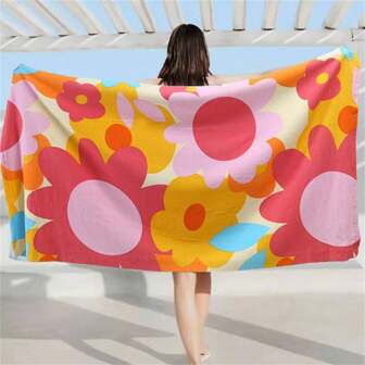 1pc Ladies 70*140cm Printed Microfiber Knitted Beach Towel For Swimming And Bathing, Beach Essentials, Beach Accessories, Pool Float