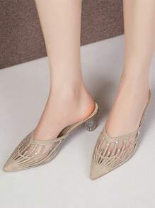 Dép lưới đính đá Rhinestone dành cho nữ, Dép cao gót mũi nhọn thời trang mới nhất mùa hè thanh lịch và mềm mại với gót mỏng trong suốt, tiện lợi khi mang và màu vàng làm quà tặng Giáng sinh mùa đông - Vàng - Xem 7