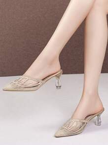 Dép lưới đính đá Rhinestone dành cho nữ, Dép cao gót mũi nhọn thời trang mới nhất mùa hè thanh lịch và mềm mại với gót mỏng trong suốt, tiện lợi khi mang và màu vàng làm quà tặng Giáng sinh mùa đông - Vàng - Xem 5