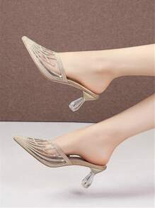 Dép lưới đính đá Rhinestone dành cho nữ, Dép cao gót mũi nhọn thời trang mới nhất mùa hè thanh lịch và mềm mại với gót mỏng trong suốt, tiện lợi khi mang và màu vàng làm quà tặng Giáng sinh mùa đông - Vàng - Xem 6