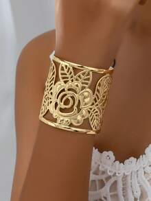 1 pieza Pulsera de brazalete grande hueco, metal exagerado para uso diario de mujer - Dorado - Ver 4