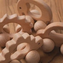 Animal Shaped Wooden 4-Wheeled Car, Wooden Mini Vehicle, Early Education Cognitive Building Blocks Toy, Infant/Toddler Push Cart - Beige - View 5