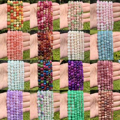 خرز طبيعي من الحجر الدائري، مجموعة من الأحجار المختلفة بما في ذلك العقيق، التورمالين، الزبرجد، الكوارتز، الكريستال، فواصل لصنع المجوهرات، سوار DIY