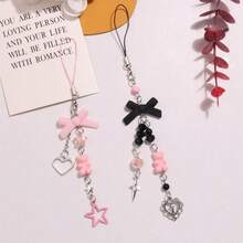 可愛的泰迪熊蝴蝶結中空心鑰匙圈，附有手機掛鍊 - 彩色 - 查看 5