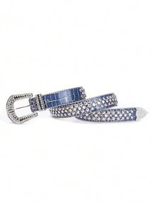 中性水钻镶嵌西式腰带，男女时尚秋季、秋季、万圣节 - 藍色 - 查看 2
