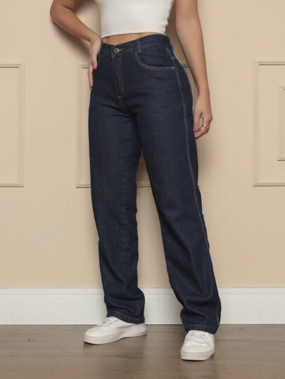 Calça Mom Jeans Feminina Reta Básica Tradicional Larguinha Look Moderninha Cintura Alta Oversized