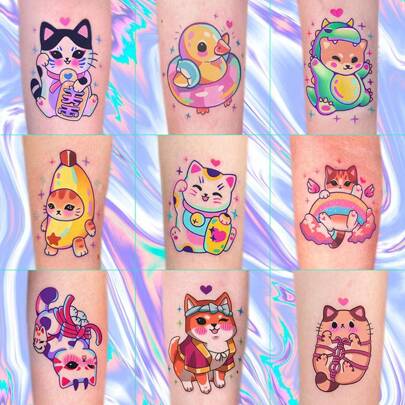 48 Patterns(8 Sheets) Super Cute Cartoon Cute Cat Tattoo Sticker Waterproof Woman Girl Fake Tattoo Lasting Simulation Premium Sense Temporary Tattoo