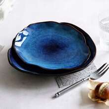 1pc Nordic Ceramic Food Dish Plate Household Pottery Asymmetric Dish Salad Platter Cat Eye Blue Color Dish