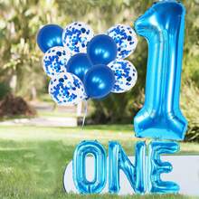 H.L.BALLOON 藍色第一歲生日氣球，藍色數字氣球，為寶寶一歲生日裝飾的藍色氣球，男孩藍色一歲生日氣球裝飾15件組 - 藍色 - 查看 3