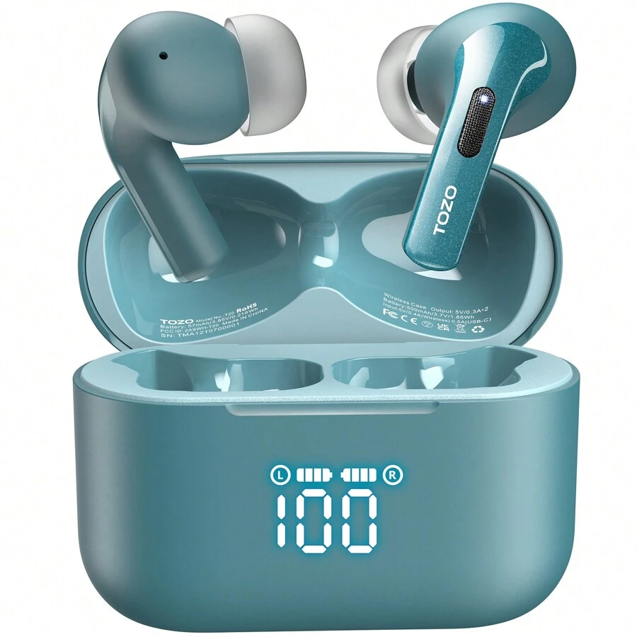 TOZO T20 Wireless Earbuds Bluetooth Headphones 48.5 Hrs Playtime With LED Digital Display, IPX8 Waterproof, Dual Mic Call Noise Cancelling 10mm Broad Range Speakers With Wireless Charging Case Black - 綠色 - 查看 1