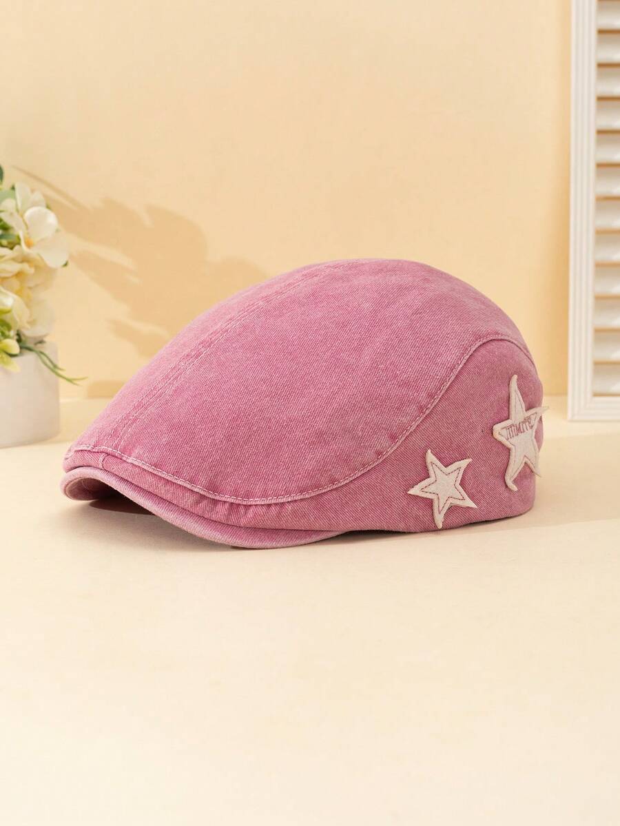 1入款女士純色洗舊拼接星星圖案棒球帽，簡約、可愛、時尚的貝雷帽，適用於日常防曬、四季通勤穿搭，金屬扣帶可調節尺寸 - A - 查看 1