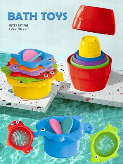 סט כוסות לילדים הניתנים להערמה, כוסות בצורת בעלי חיים מצוירים לשימוש פנימי וחיצוני בחדר האמבטיה או בבריכת השחייה, אינטראקטיבי נגן כפול, זיהוי צבעים והדרכה אינטלקטואלית לבנים ולבנות מגיל 3 ומעלה, מתנה עם כמה אביזרים אקראיים ותעודת ילדים כלול.צעצועי אמבטיה, צעצועי אמבטיה לילדים, צעצועי מקלחת