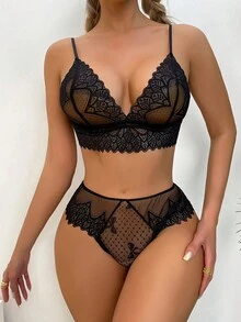 1 Bộ đồ lót ren mỏng cho nữ và quần lót cạp cao - màu đen - Xem 4