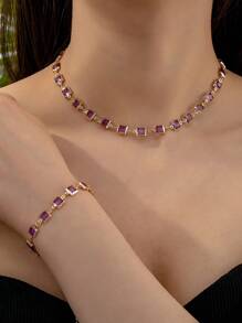 1 Stück Halskette & Armband Set, lila Glas, frisches & liebliches Design, geeignet für Frauen zu tragen, ideal als Geschenk für Freunde, Frühling Kollektion - Mauve - Übersicht 2