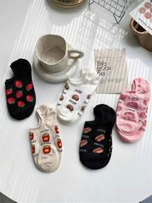 1双/5双装 汉堡、薯条、草莓图案可爱甜美浅口袜 女款，防滑、吸湿、透气 - 彩色 - 查看 3