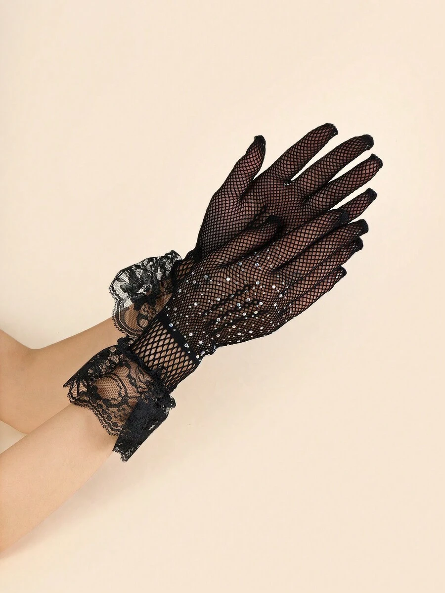 A Pair Of Stylish Short Lace Full Finger Gloves With Hollow Out Design And Random Star Rhinestone Decor For Women - Multicolor - View 1