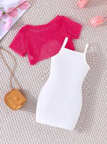 2pcs Young Girl's Fashion Lace Crop Top And Lettered Print Spaghetti Strap Dress Set, Summer