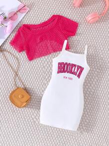 2pcs Young Girl's Fashion Lace Crop Top And Lettered Print Spaghetti Strap Dress Set, Summer