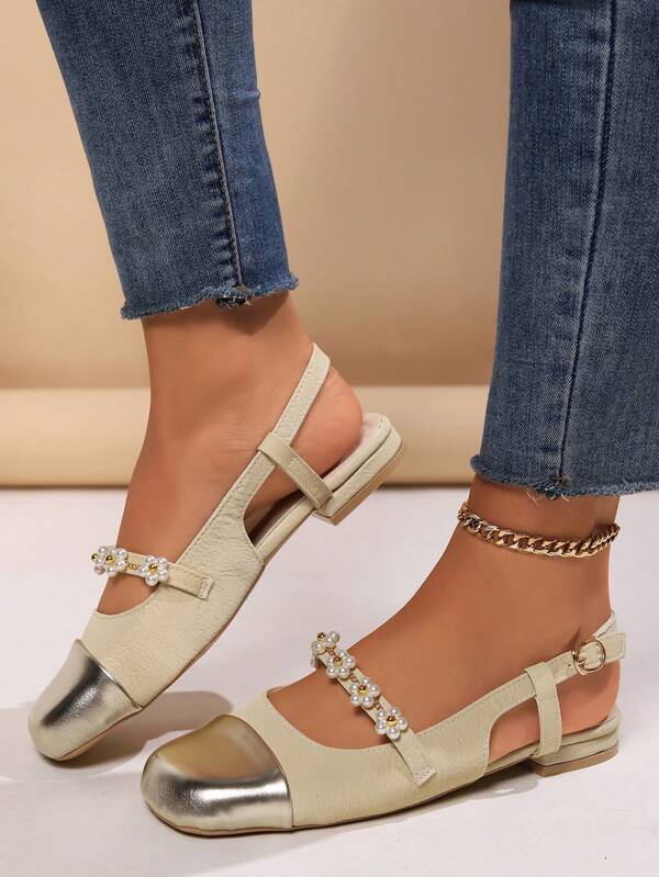 French Sweet Scarpe Mary Jane estive piatte con inserti in oro bianco 2024 per signora di moda