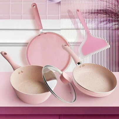 1pc/3pcs/5pcs Pink Kitchen Cookware Set: Non-Stick Skillet, Saucepan, Pancake Pan, Suitable For Baby Food, With Silicone Spatula