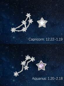S925 纯银 12 星座耳钉 不对称耳环 防过敏耳饰 - 銀色 - 查看 4