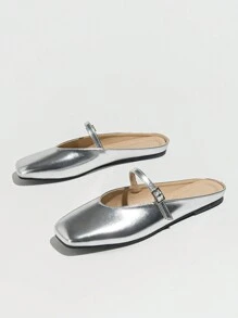 Damen Pantoffeln mit eckiger Spitze, flache silberne Hausschuhe mit geschlossener Spitze und Feen-Design, goldene Großmutter Schuhe und Sandalen für den Sommer - Silber - Übersicht 4