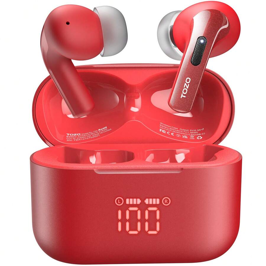 TOZO T20 Wireless Earbuds Bluetooth Headphones 48.5 Hrs Playtime With LED Digital Display, IPX8 Waterproof, Dual Mic Call Noise Cancelling 10mm Broad Range Speakers With Wireless Charging Case Black - 紅色 - 查看 1