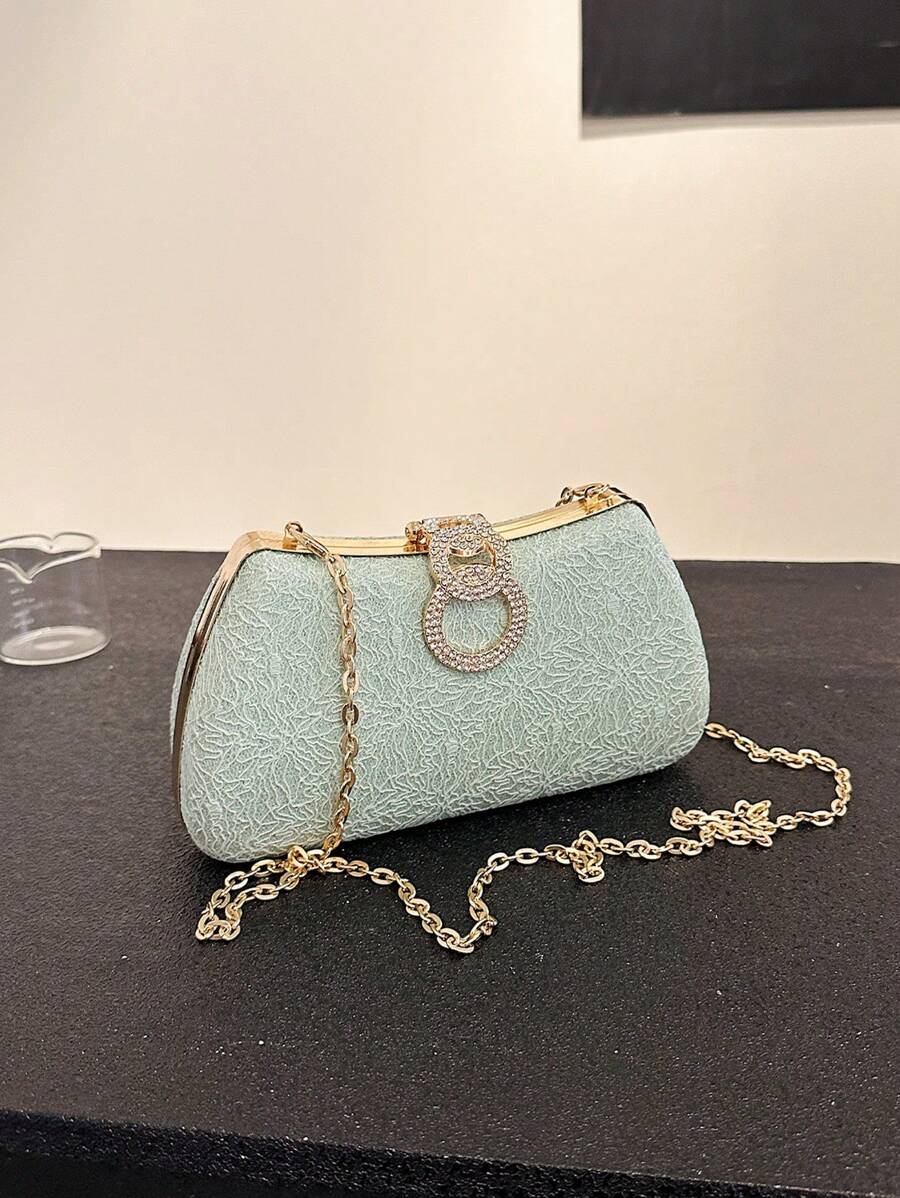 1pc Modieus Nieuw Elegant Glanzend Mint Manpo Groen Effen Kleur Grietje Met Strass Decoratieve Geborduurde Textuur Dames Diner Handtas Voor Bruiloft & Gala & Banket