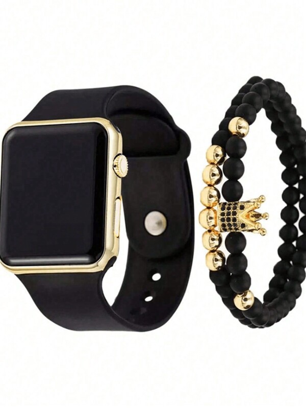 1pc Men's Silicone Watch Strap Digital Watch And 1pc Crown Beaded Bracelet Suitable For Daily Decoration