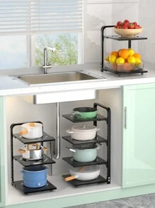 1 Set Adjustable Pot And Pan Organizer Rack For Cabinets - Space Saving Pot And Pan Organizer For Kitchen Storage And Organization