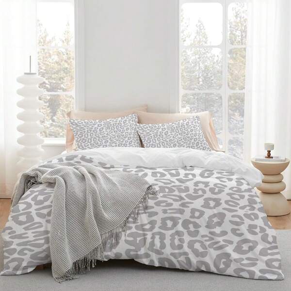 Conjunto de Capa de Edredom de Poliéster Estampado de Leopardo com Estilo em 3 Peças para Quartos e Quartos de Hóspedes - Conjunto de Cama Macio e Confortável com Fronhas (1 Capa de Edredom + 2 Fronhas)