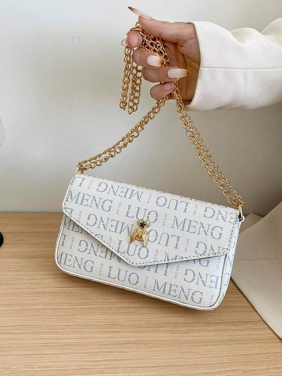 時尚字母鏈條設計，蜜蜂形狀金屬裝飾，輕便時尚的女士肩袋 - 白色 - 查看 1