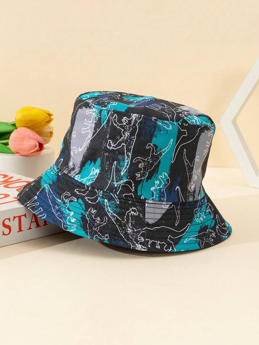 1頂兒童恐龍印花時尚漁夫帽，隨機剪裁雙面穿戴，適用於戶外日常穿著、畢業季、假期旅行、節日禮物及四季穿戴 - 彩色 - 查看 1