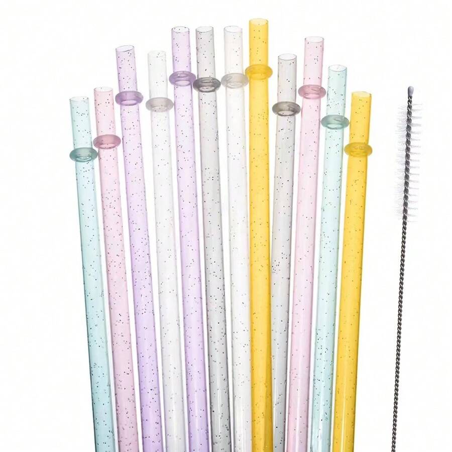12pcs, Straw, Reusable Clear Plastic Glitter Straws, 12.4/9.06 Inch