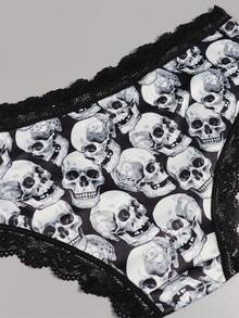4pcs Women Gothic Contrast Lace Hipster Panties, Halloween Skull Allover Print Intimates Panties, Women's Ladies' Underwear & Lingerie