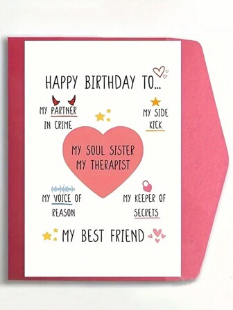 1pc Birthday Card For My Best Friend, Soul Sisters Blessing Card, Heartfelt Greeting Card (With Random Style/Color Envelope) Back To School,Back To School,School Supplies