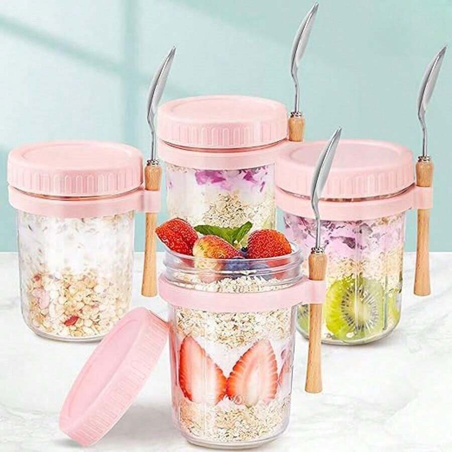 新款玻璃罐水杯附匙羹和蓋子，隔夜燕麥杯馬森密封玻璃杯便攜沙拉杯附蓋匙 - 粉色 - 查看 1