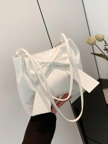时尚新款水桶女包流行春夏蝴蝶结细节装饰手提包单肩通勤手提纯色女包，时尚蝴蝶结钱包女士 - 白色 - 查看 6