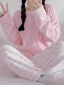 淺藍色圓領睡衣套裝，格紋睡衣套裝，純色家居服套裝。休閒格紋睡衣套裝。 - 淺粉色 - 查看 4