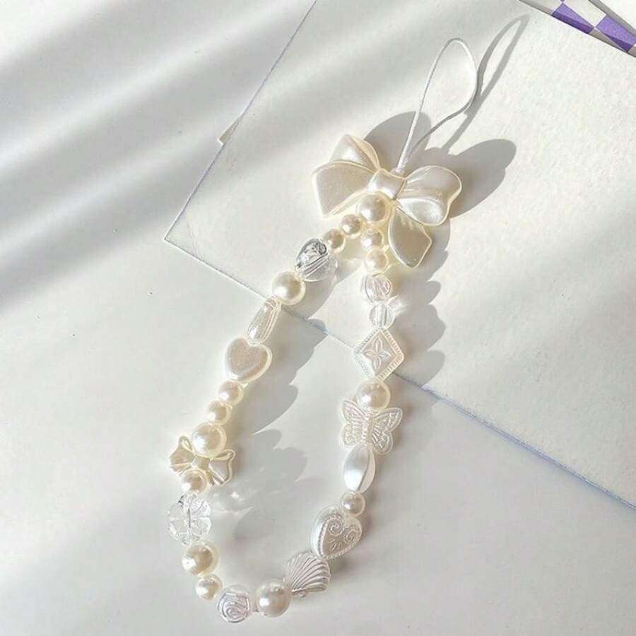 Ins極簡主義風格珍珠手機掛鏈，甜美的心形與蝴蝶結串珠飾品女生手機殼掛件裝飾 - 杏色 - 查看 1