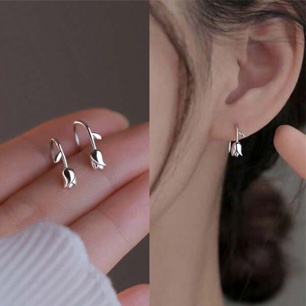 1 Pair Delicate Silver Tulip Floral Earrings, Elegant Minimalist Earrings