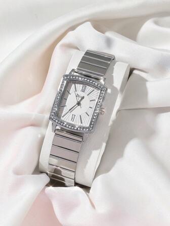  Disu Bracelet De Montre En Acier Inoxydable Argenté Pour Femme, Montre À Quartz Classique À La Mode, Petite Forme Carrée, Décor En Strass, Adaptée À La Vie Quotidienne Comme Cadeau Pour Les Étudiants Qui Retournent À Lécole