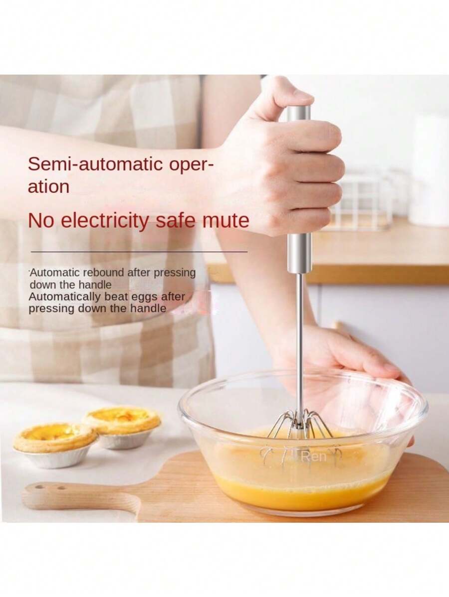 Stainless Steel Semi-Automatic Egg Beater In Stock, Whisking Cream Tool, Extendable Rotating Egg Beater - Silver - View 1