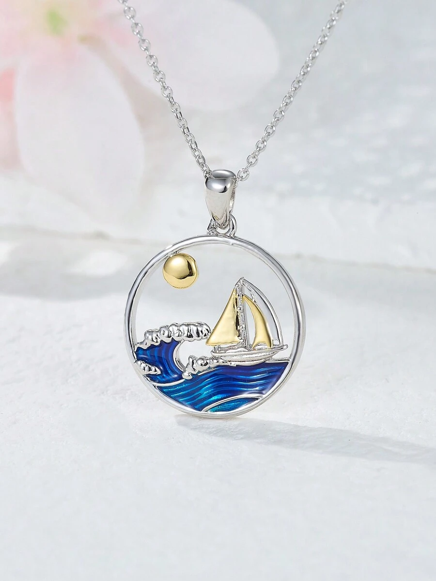 H Z JEWERLY 1入組海洋風銅電白金和14K黃色混合沖出圓形吊墜項鍊,適合女性日常穿著、夏季聚會,是親友禮物的好選擇 - 彩色 - 查看 1