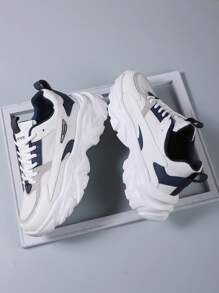 1 Pair Men's Color-Blocked Mesh Lace-Up Sneakers, Daily Casual Fashion Shock-Absorbing Sports Shoes (Run Small One Size)