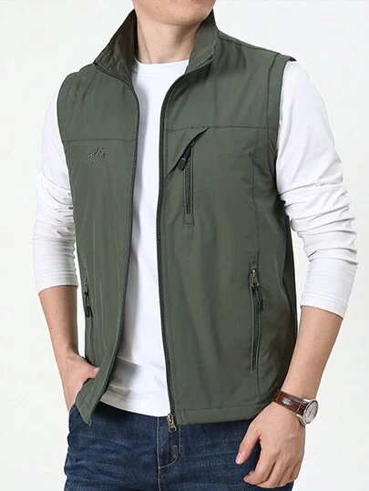 1 st mäns utomhussport stativ krage väst med broderi, sommar bekväm fiskejacka