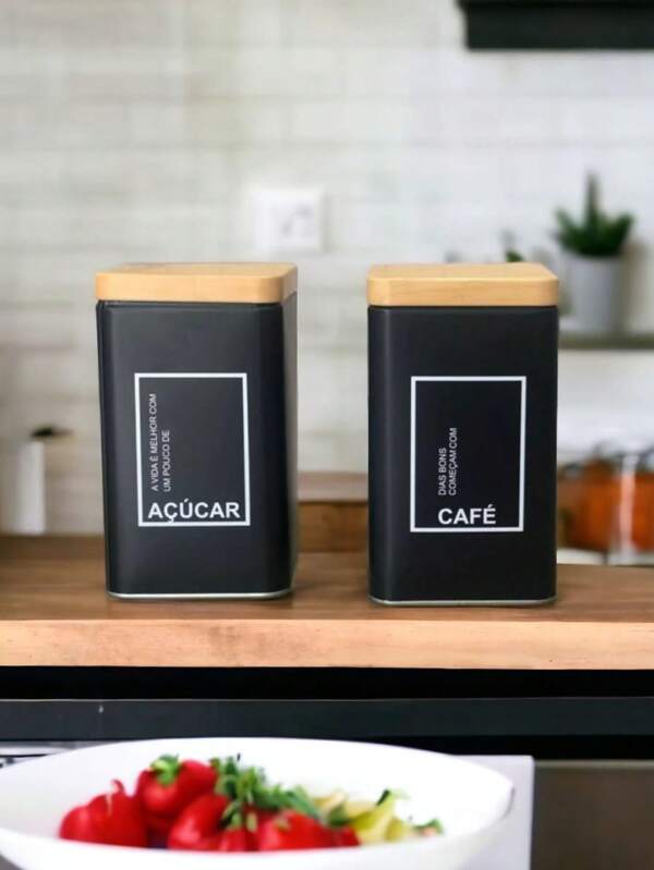 Pote de Lata Para Mantimentos Café E Açúcar Quadrado Kit 2 Peças 15x9cm