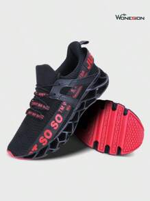 Wonesion Men's Just So So Letter Pattern Alphabet Lace-Up Athletic Walking Blade Running Tennis Casual Sneakers Shoes Fashion Sports Sneakers - 黑紅 - 查看 1
