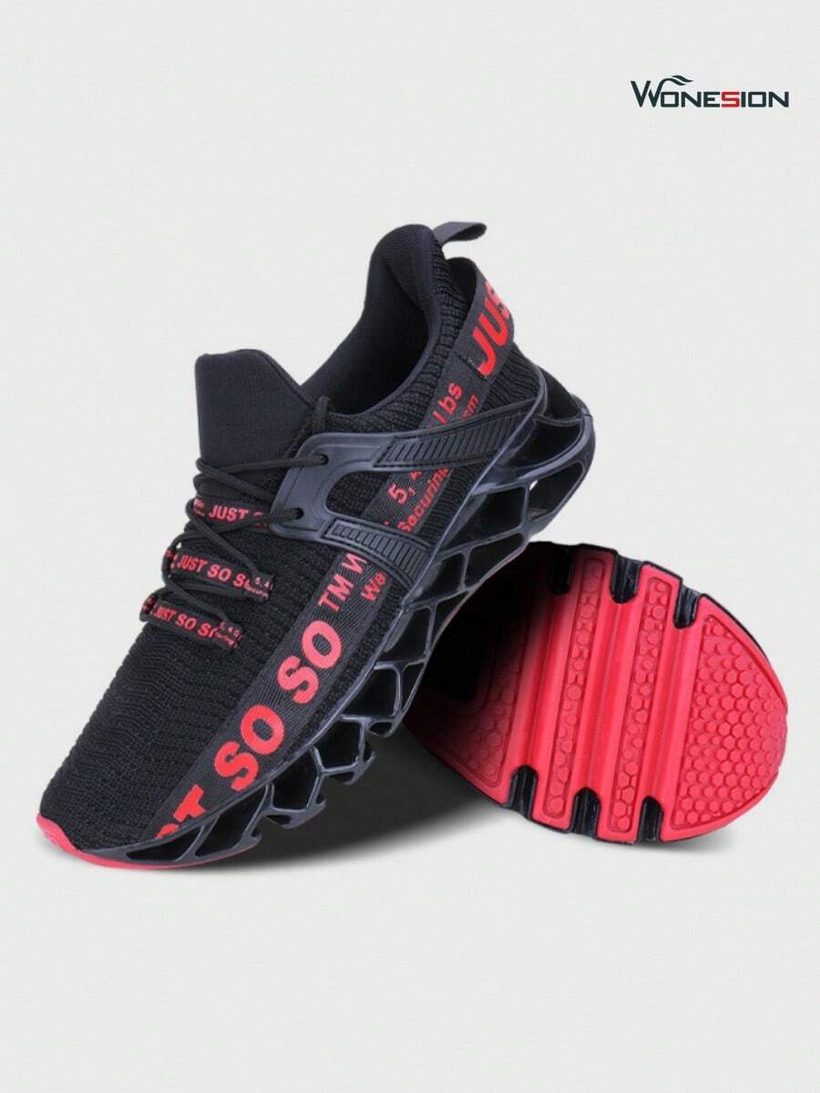 Wonesion Men's Just So So Letter Pattern Alphabet Lace-Up Athletic Walking Blade Running Tennis Casual Sneakers Shoes Fashion Sports Sneakers - 黑紅 - 查看 1